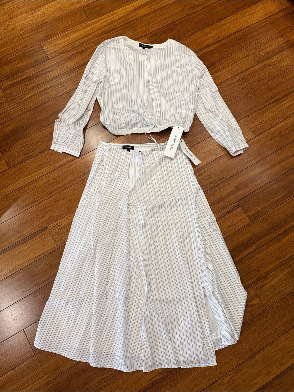 Theory White Two-Piece Set with Light Blue Stripes